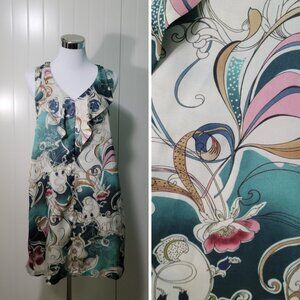 Cinnamon Artsy Boho Mod 70s Paisley Sleeveless V-Neck Ruffle A-line Shift Dress